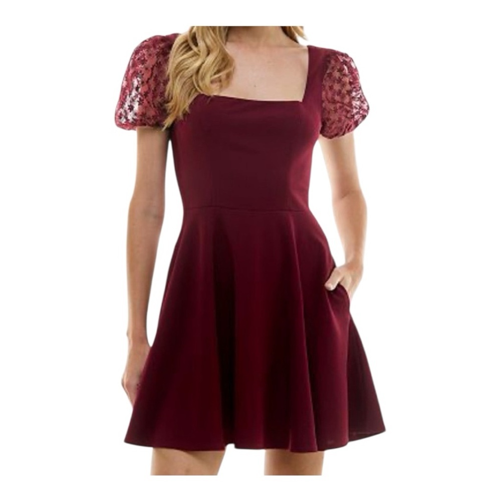 NWT Women's City Triangles Tie Back Dress Size 17 Burgundy Deep Ruby Lace Sleeve